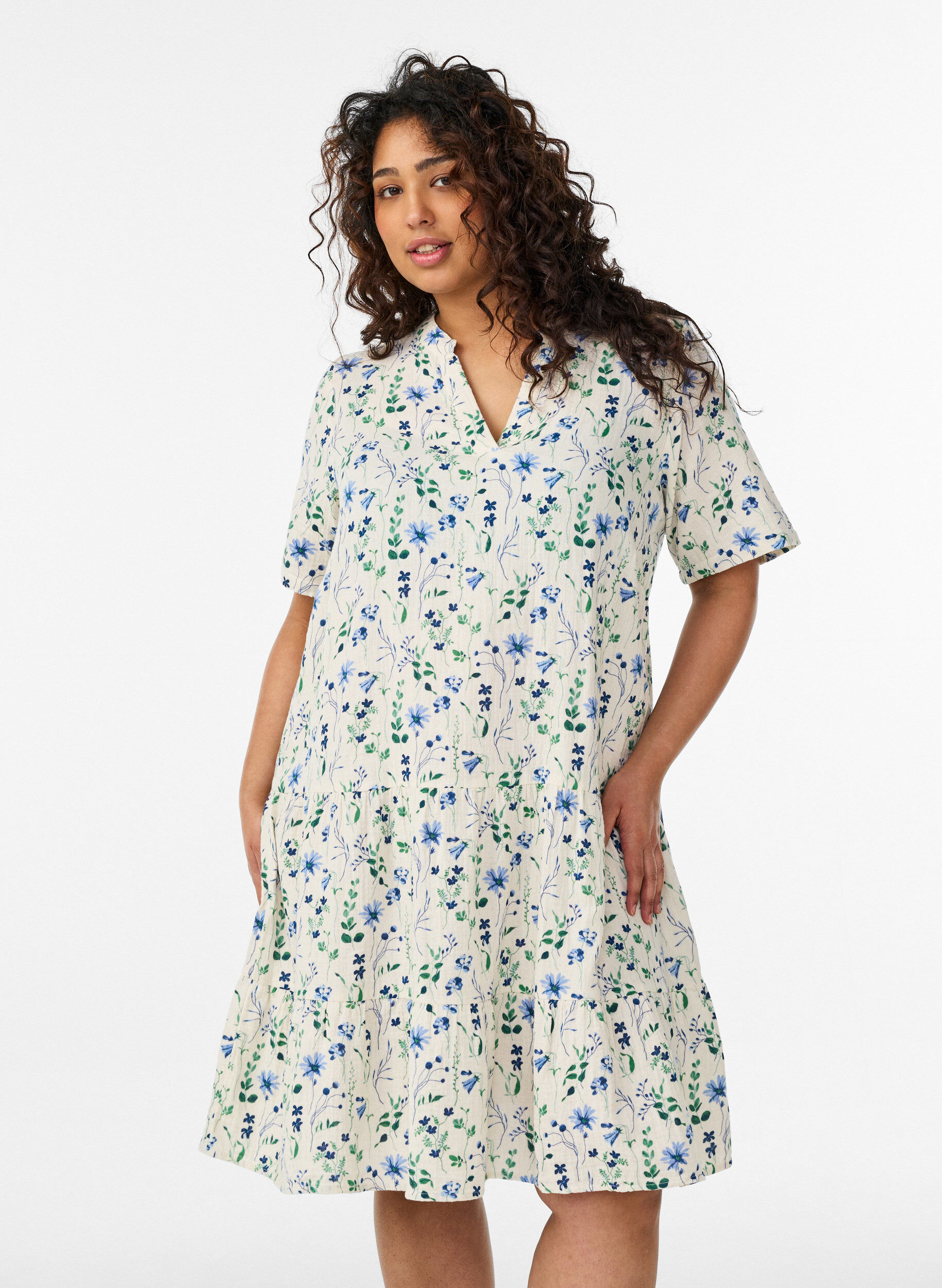 Korte A-lijn jurk in katoenen mousseline, Beige, Model