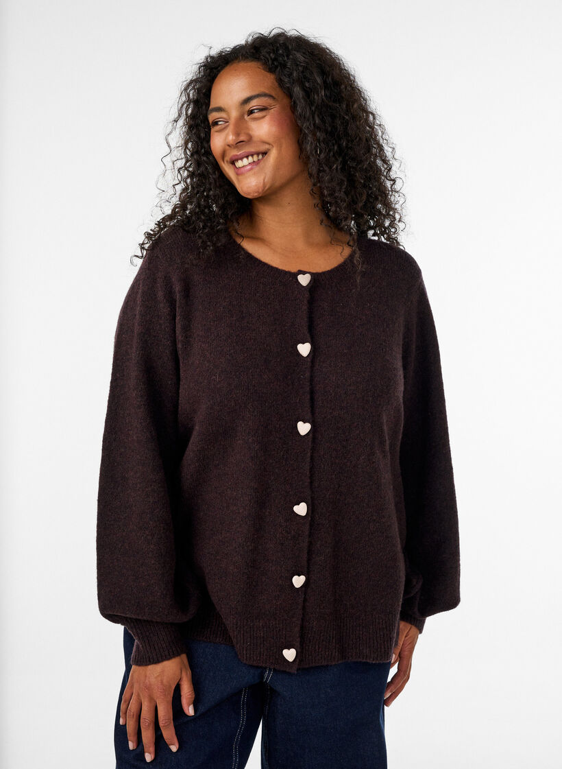 Cardigan met hartvormige knopen, Bruin, Model image number 0
