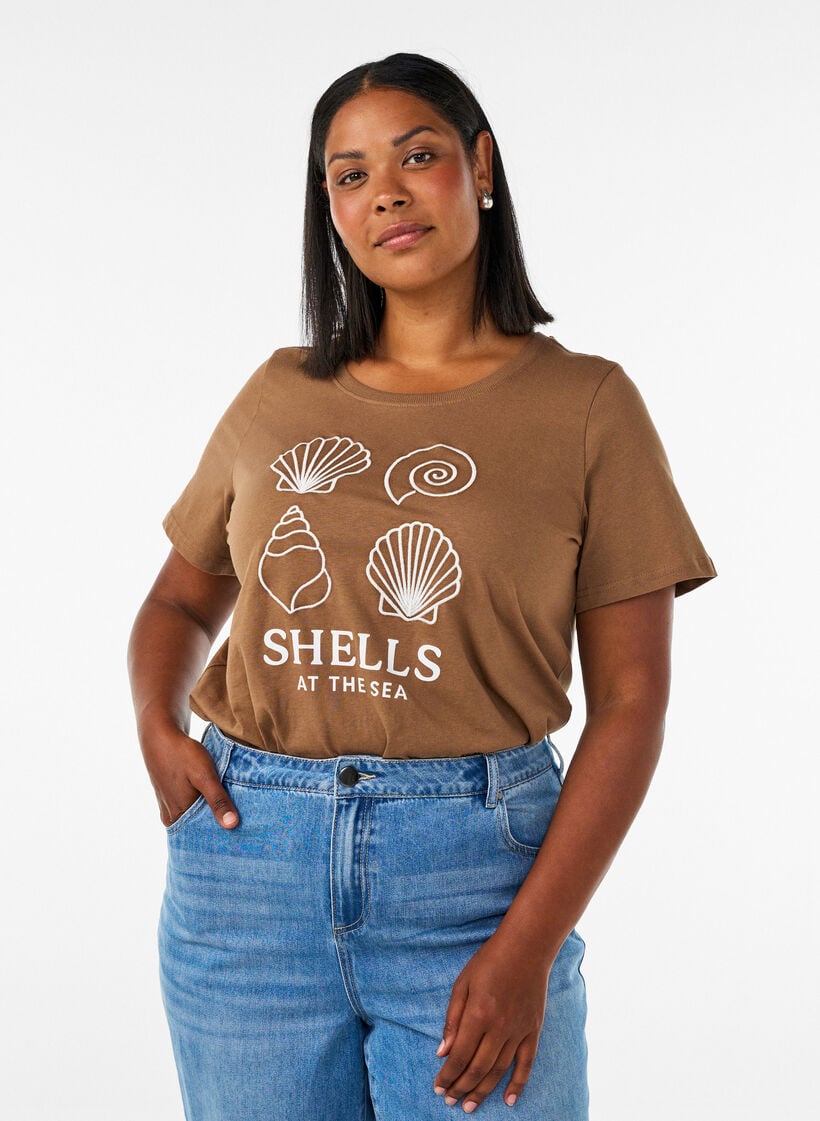 Katoenen T-shirt met print, Bruin, Model image number 0