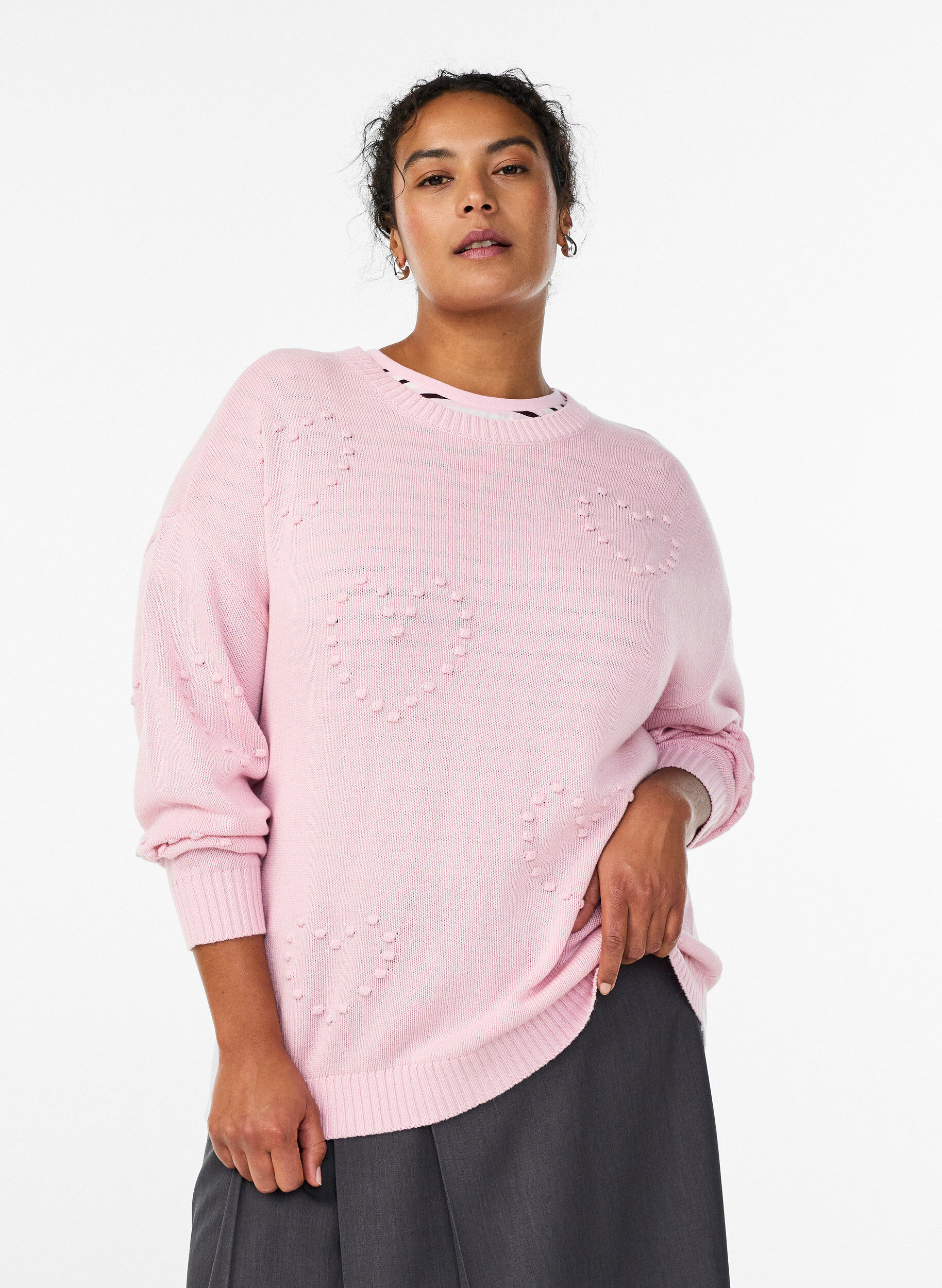 Los vallende gebreide blouse met hartjespatroon, Roze, Model