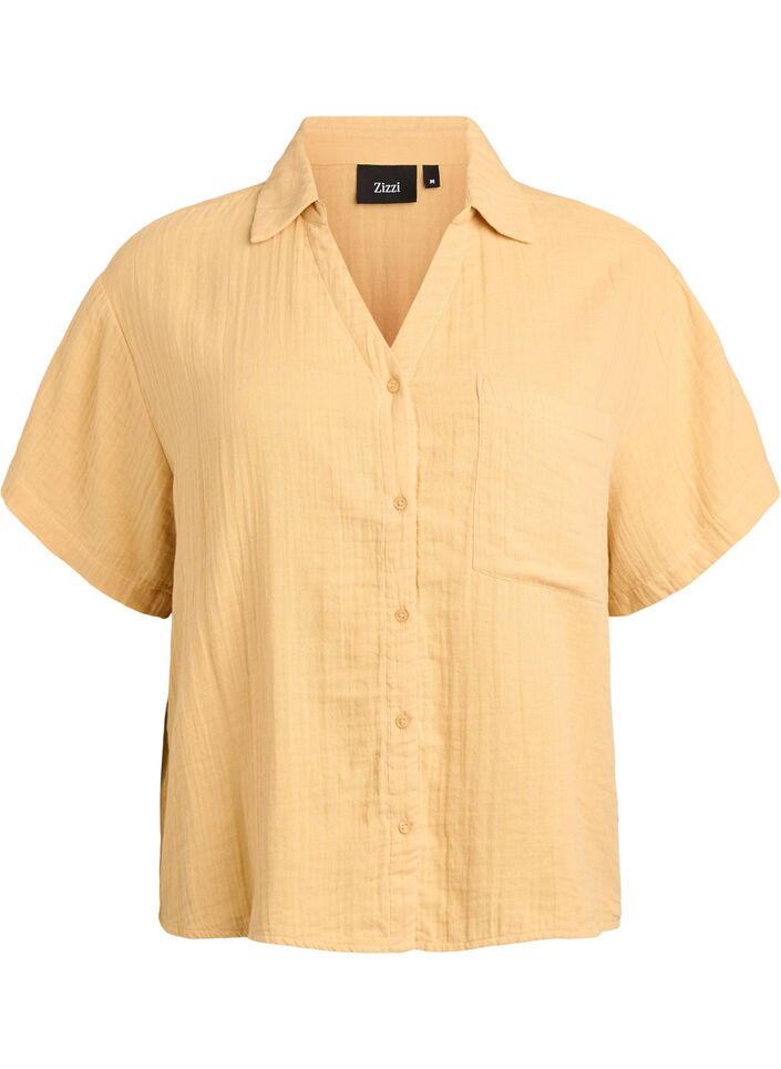 Katoenen mousseline blouse met korte mouwen, Geel, Packshot image number 0