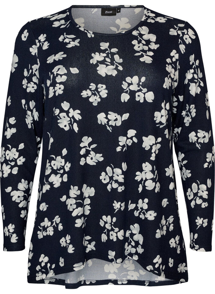 Gebloemde blouse met lange mouwen, Blauw, Packshot image number 0