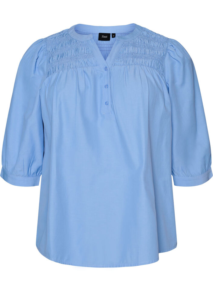 Blouse met smock en 3/4 mouwen, Blauw, Packshot image number 0