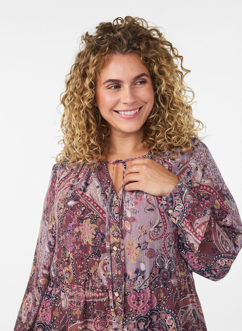 Midi-jurk met paisleyprint en elastische taille, Paars, Model image number 2