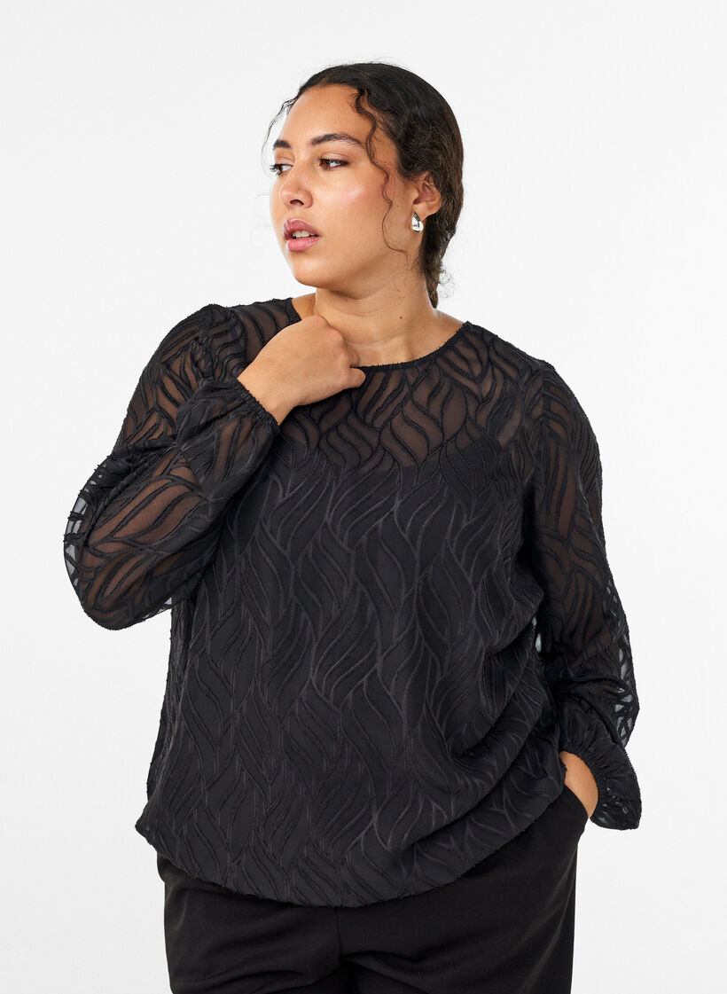 Chiffon blouse met een textuurpatroon, Zwart, Model image number 0