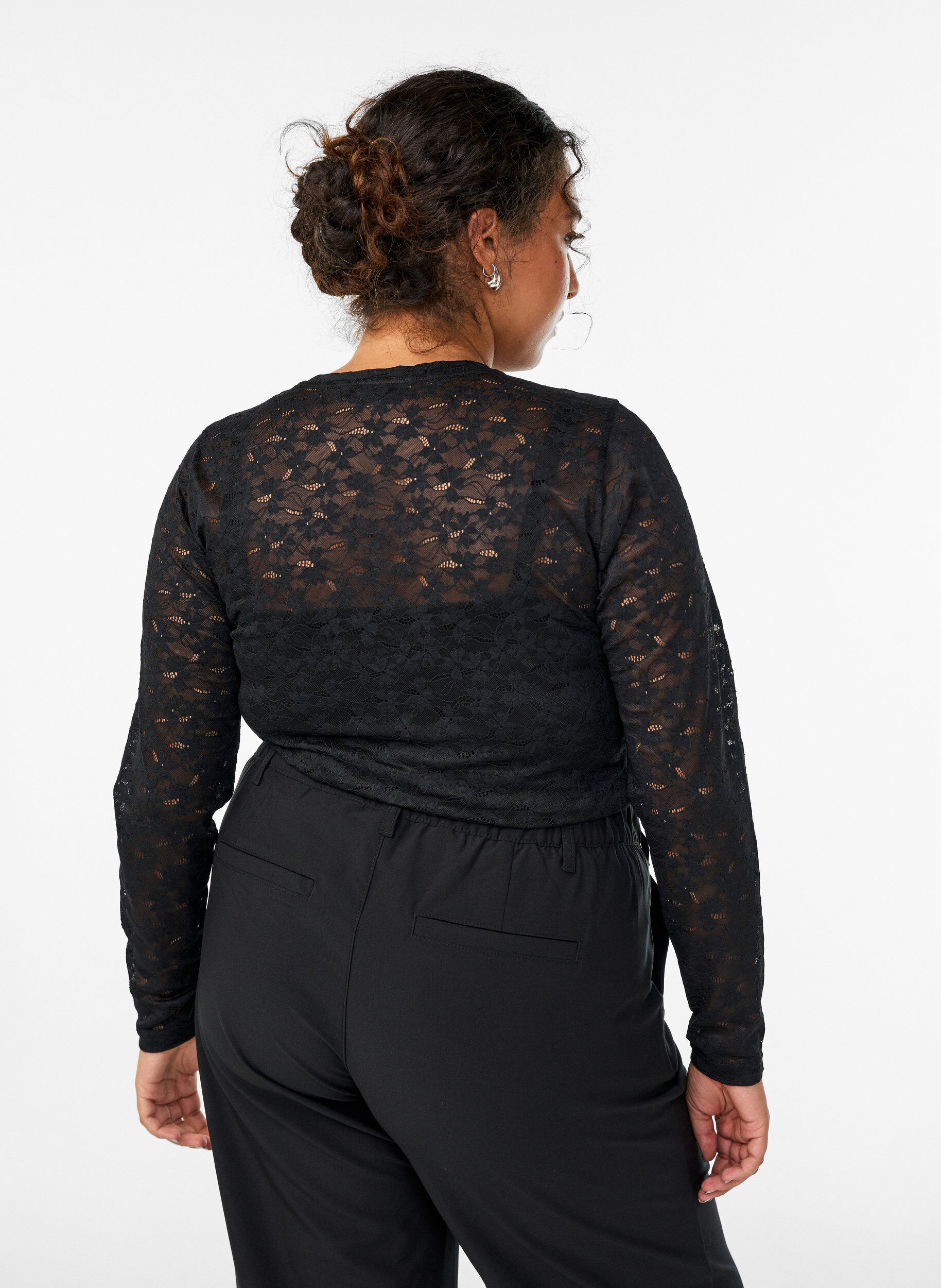 ZizziKanten blouse met ronde hals en strakke pasvorm, Zwart, Model image number 2