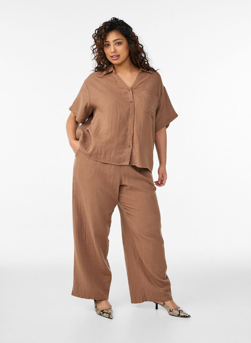 Katoenen mousseline blouse met korte mouwen, Bruin, Model image number 1