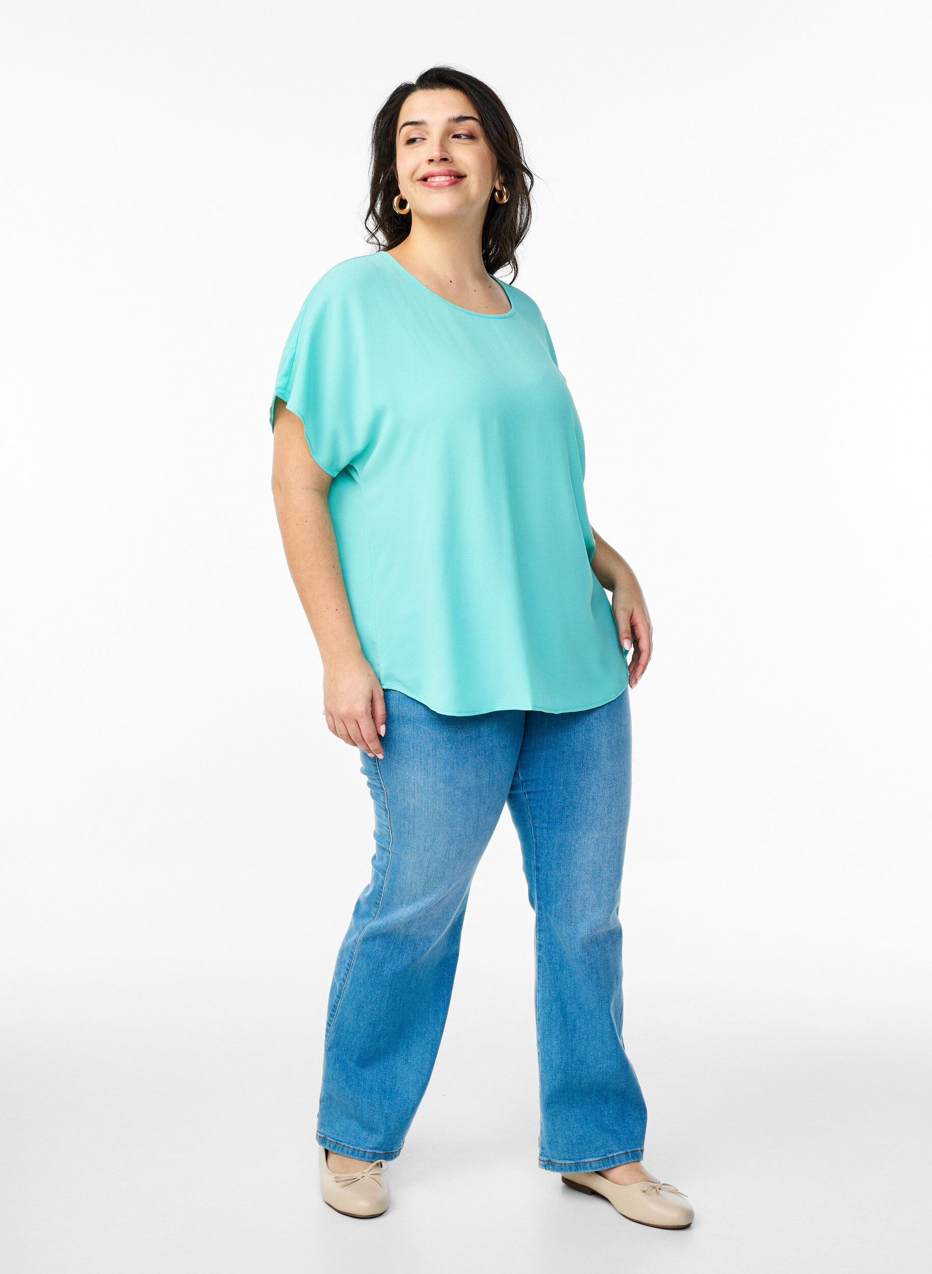 ZizziBlouse met korte mouwen en een ronde halslijn, Blauw, Model image number 1