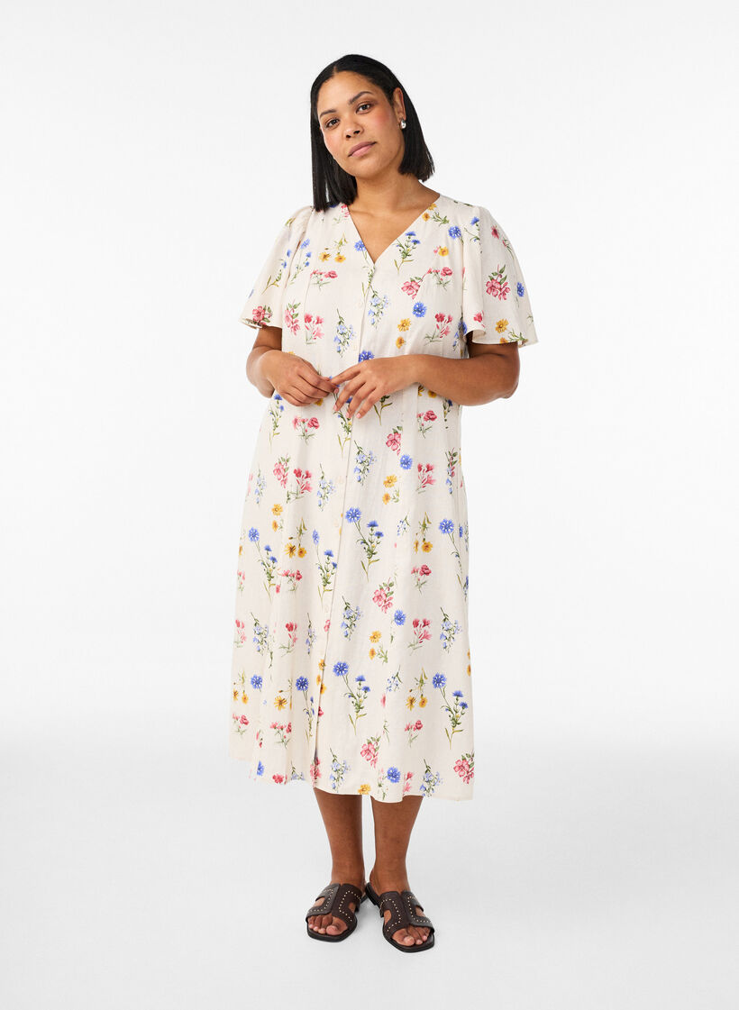 Midi jurk in linnen en viscose met ruchesmouwen, Beige, Model image number 0