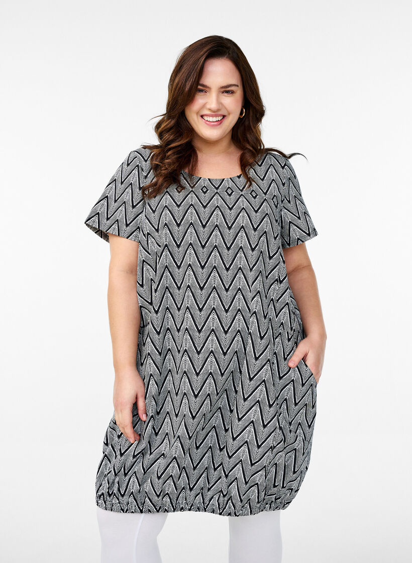 Katoenen jurk met korte mouwen en print, Zwart, Model image number 0