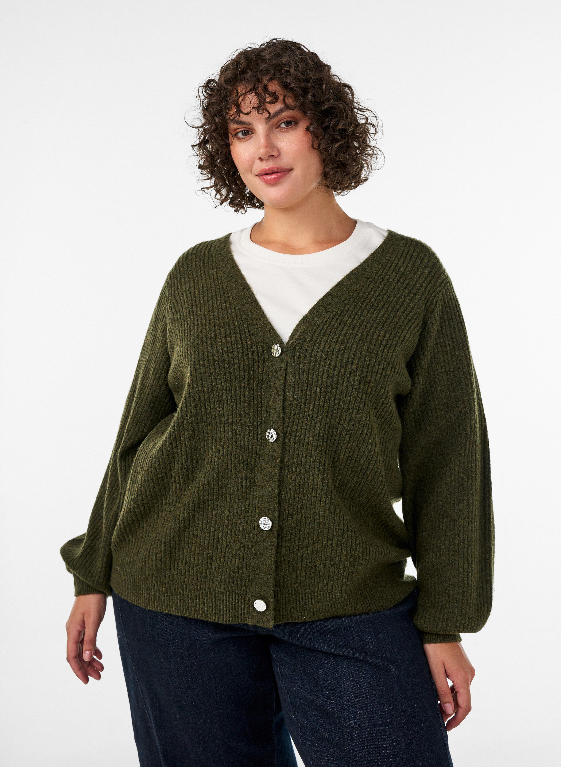 Vest met V-hals en ribstructuur, Groen, Model