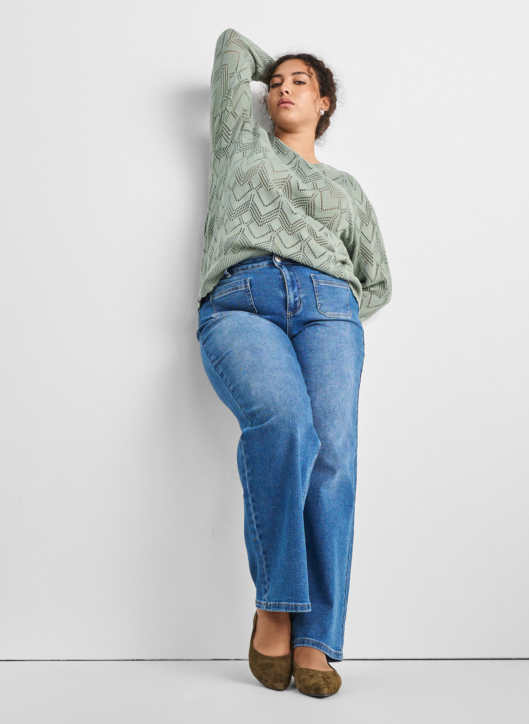 ZizziGebreide blouse met patroon, golvende rand en ronde hals, Groen, Model image number 3