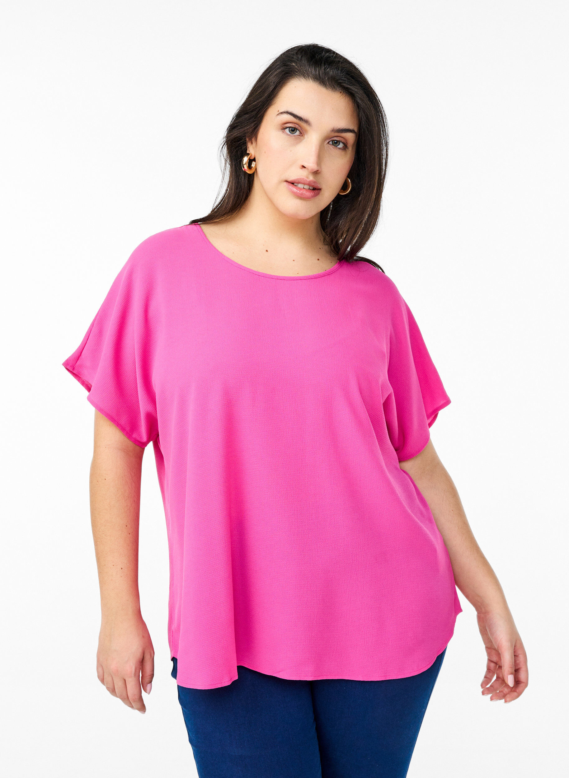Blouse met korte mouwen en een ronde halslijn, Roze, Model