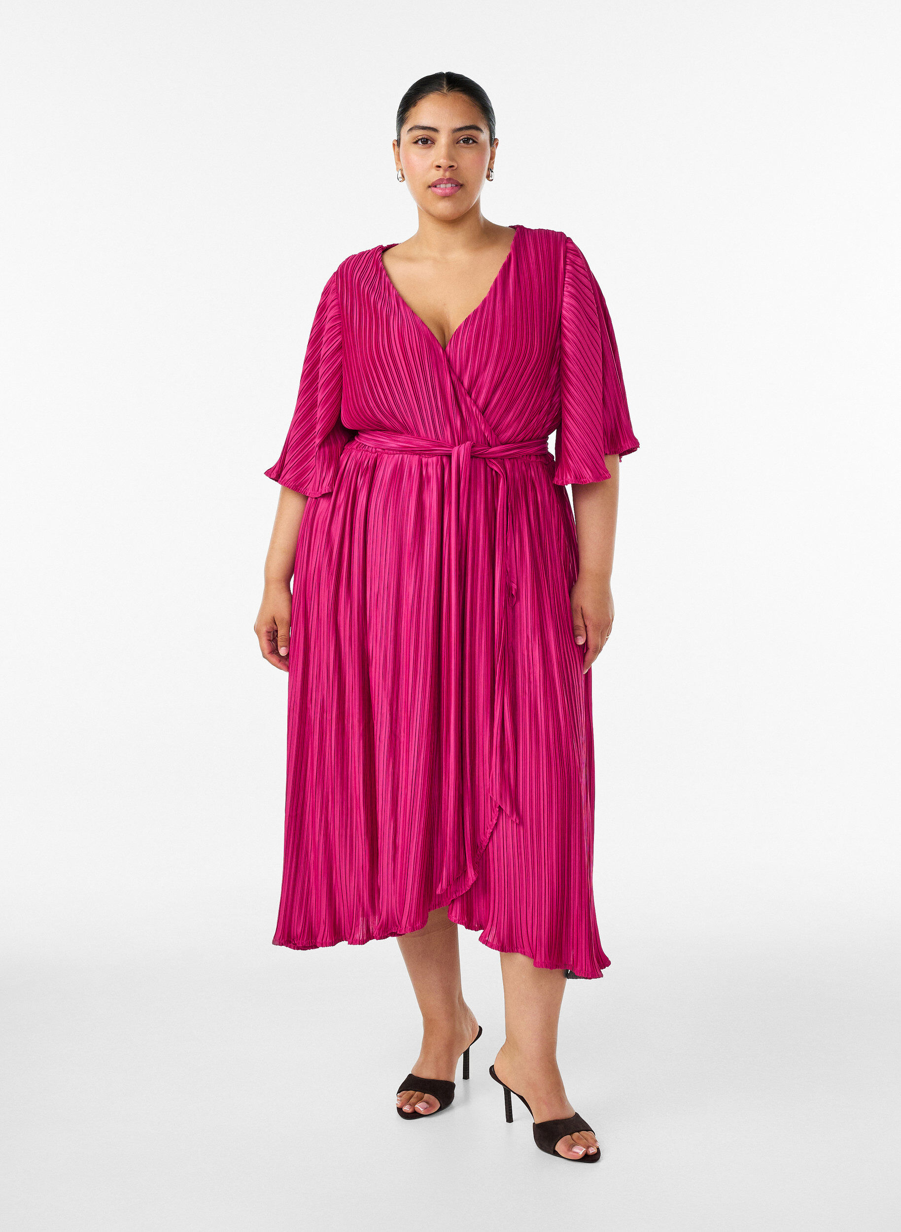 Geplooide midi-jurk met vleermuismouwen, Roze, Model