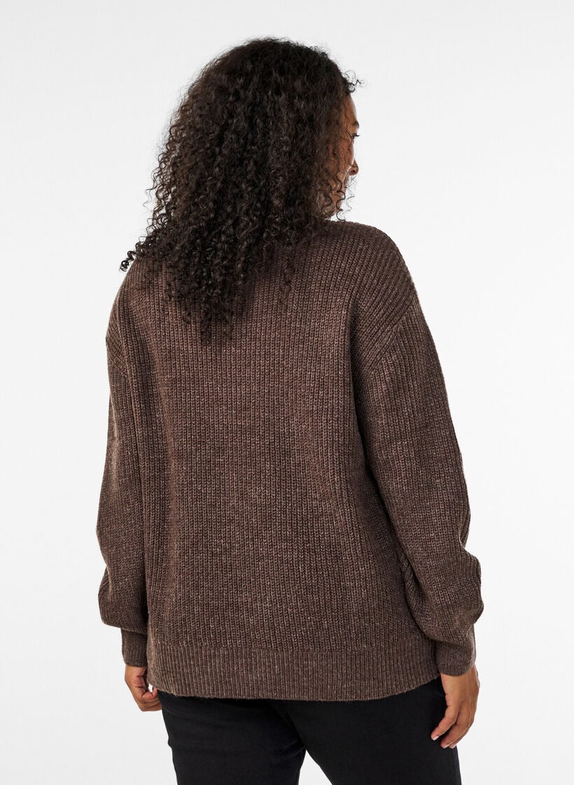 Gebreide trui met hoge hals en rits, Bruin, Model image number 2