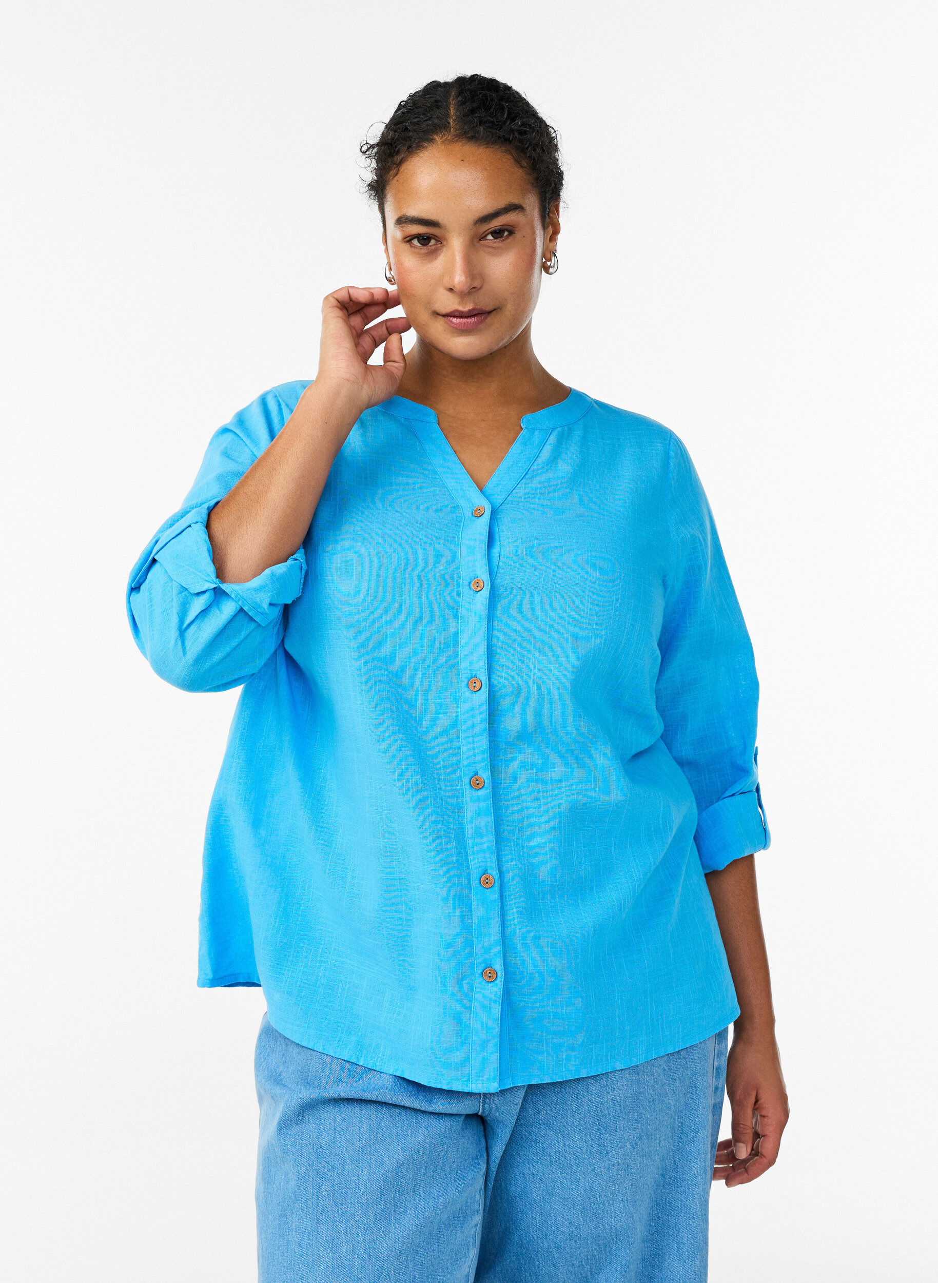 Katoenen blouse met V-hals, Blauw, Model