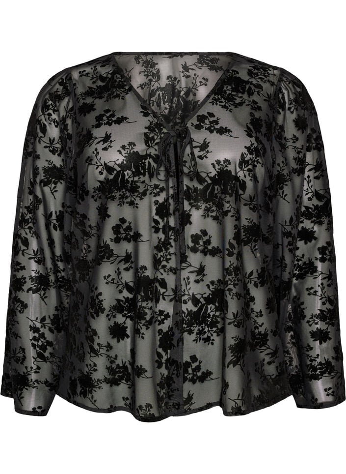 Mesh blouse met bloemenpatroon en open voorkant, Zwart, Packshot