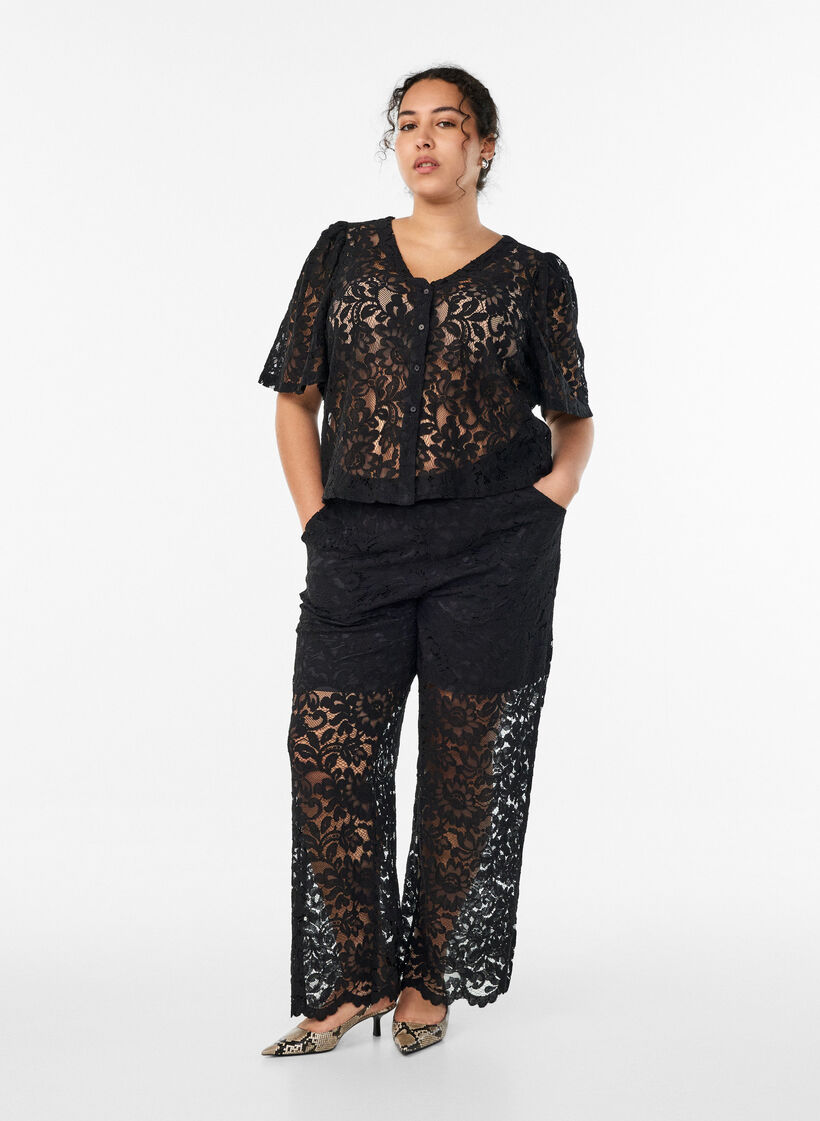Kanten blouse met korte mouwen en V-hals, Zwart, Model image number 1
