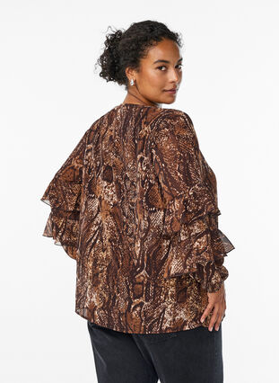 ZizziBlouse met dierenprint en ruches, Brown Snake AOP, Model image number 1