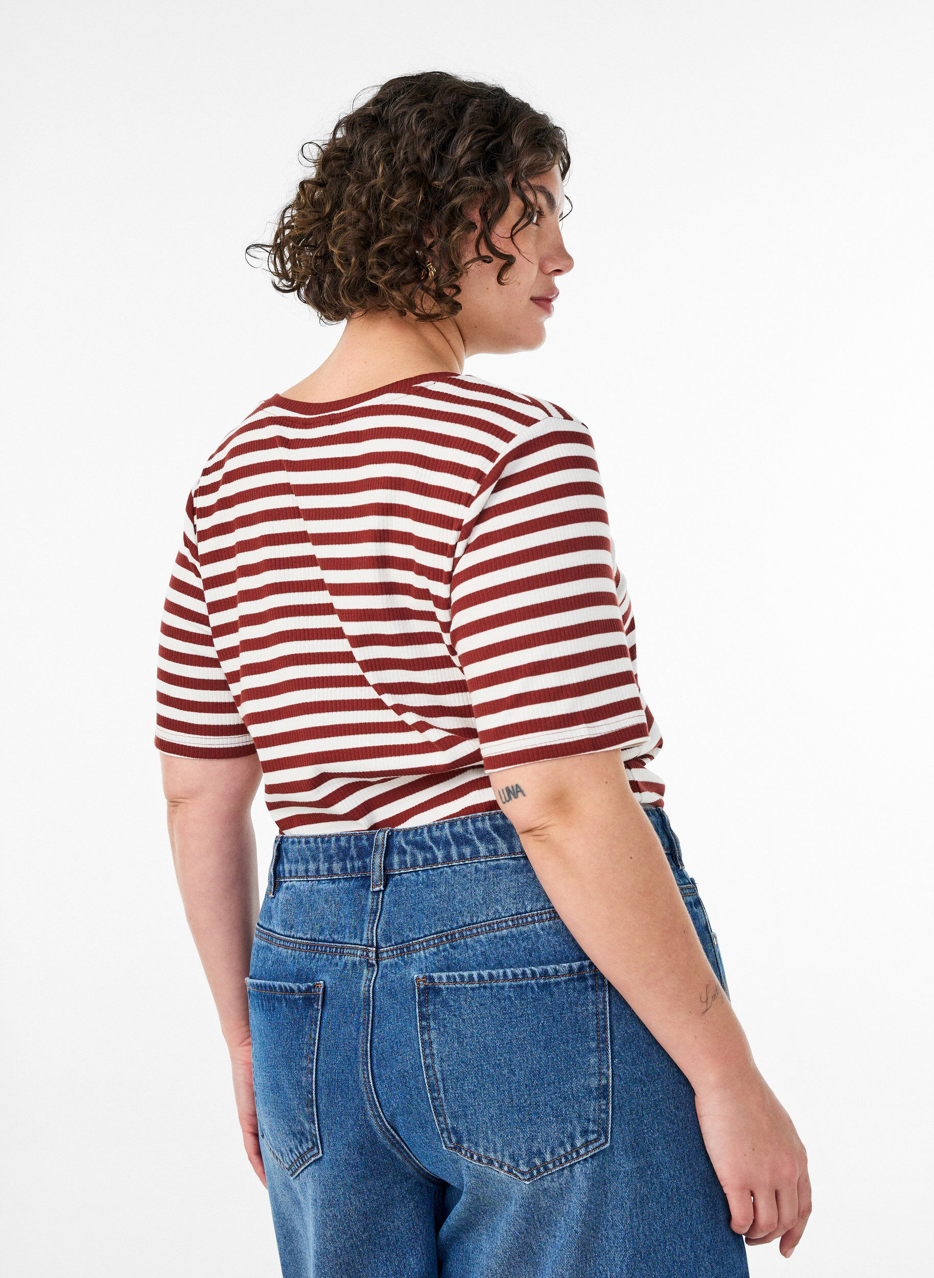 ZizziGestreept T-shirt met geribbelde textuur, Rood, Model image number 2