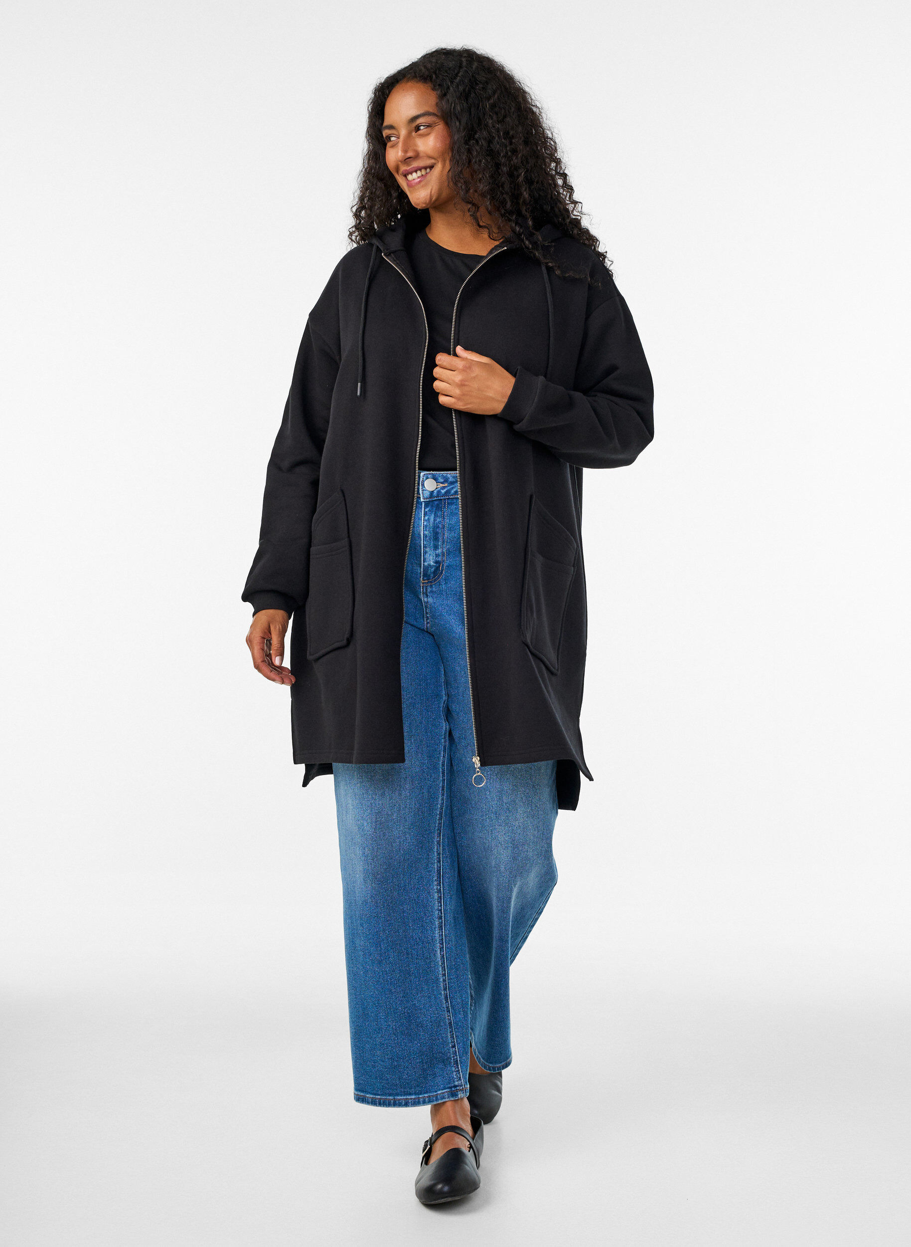 ZizziLang vest met capuchon en ritssluiting, Zwart, Model image number 1