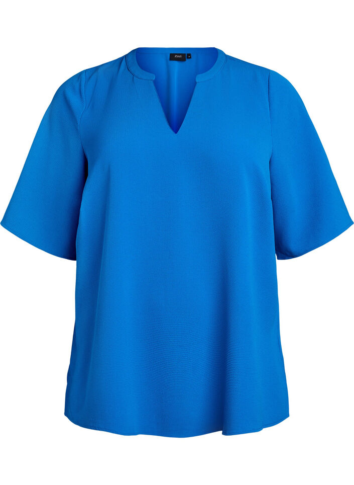 Blouse met korte mouwen en V-hals, Blauw, Packshot image number 0