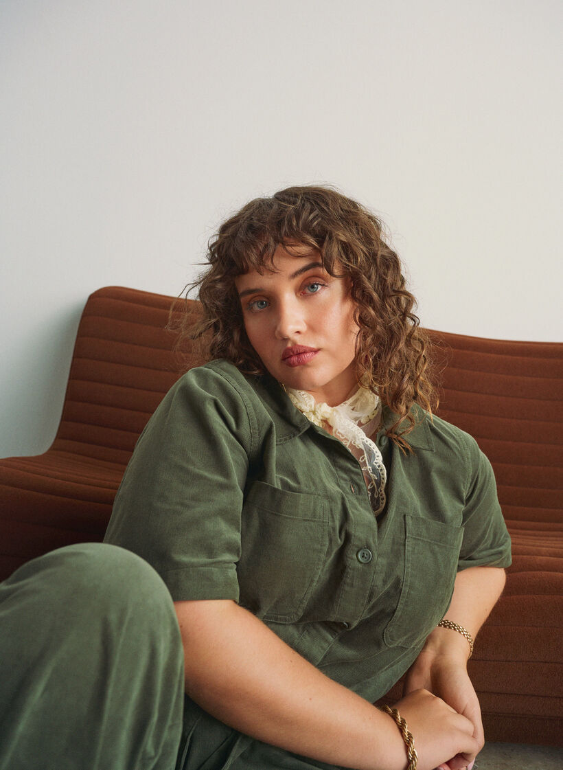 Corduroy jumpsuit met straight-fit broekspijpen, Groen, Image image number 0