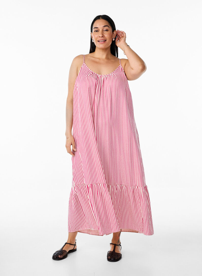 Zomerjurk met strepen en A-lijn pasvorm, Raspberry w. Stripe, Model