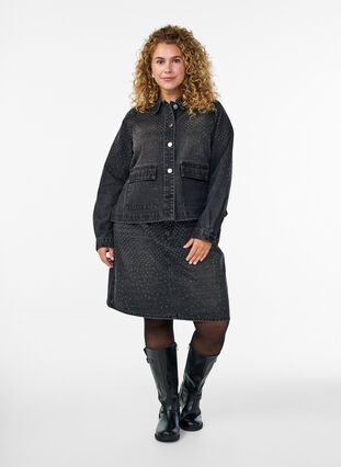 ZizziKorte denimrok met stenen., Grey Denim, Model image number 0
