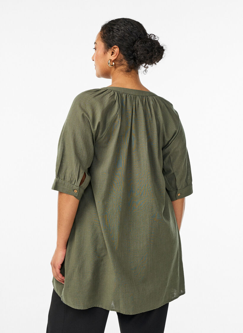 Tunique en coton avec un col en V, Vert, Model image number 3