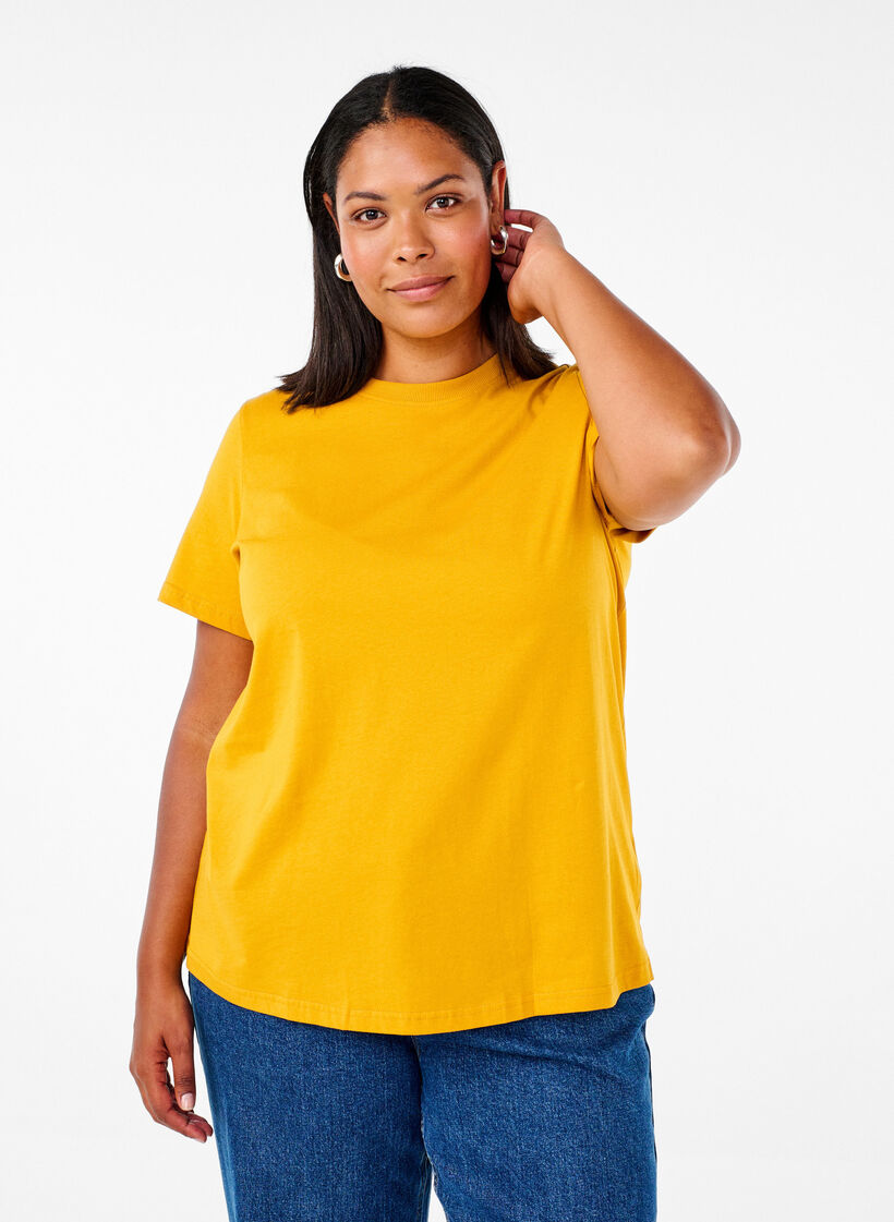 Basic katoenen T-shirt met ronde hals, Geel, Model image number 0