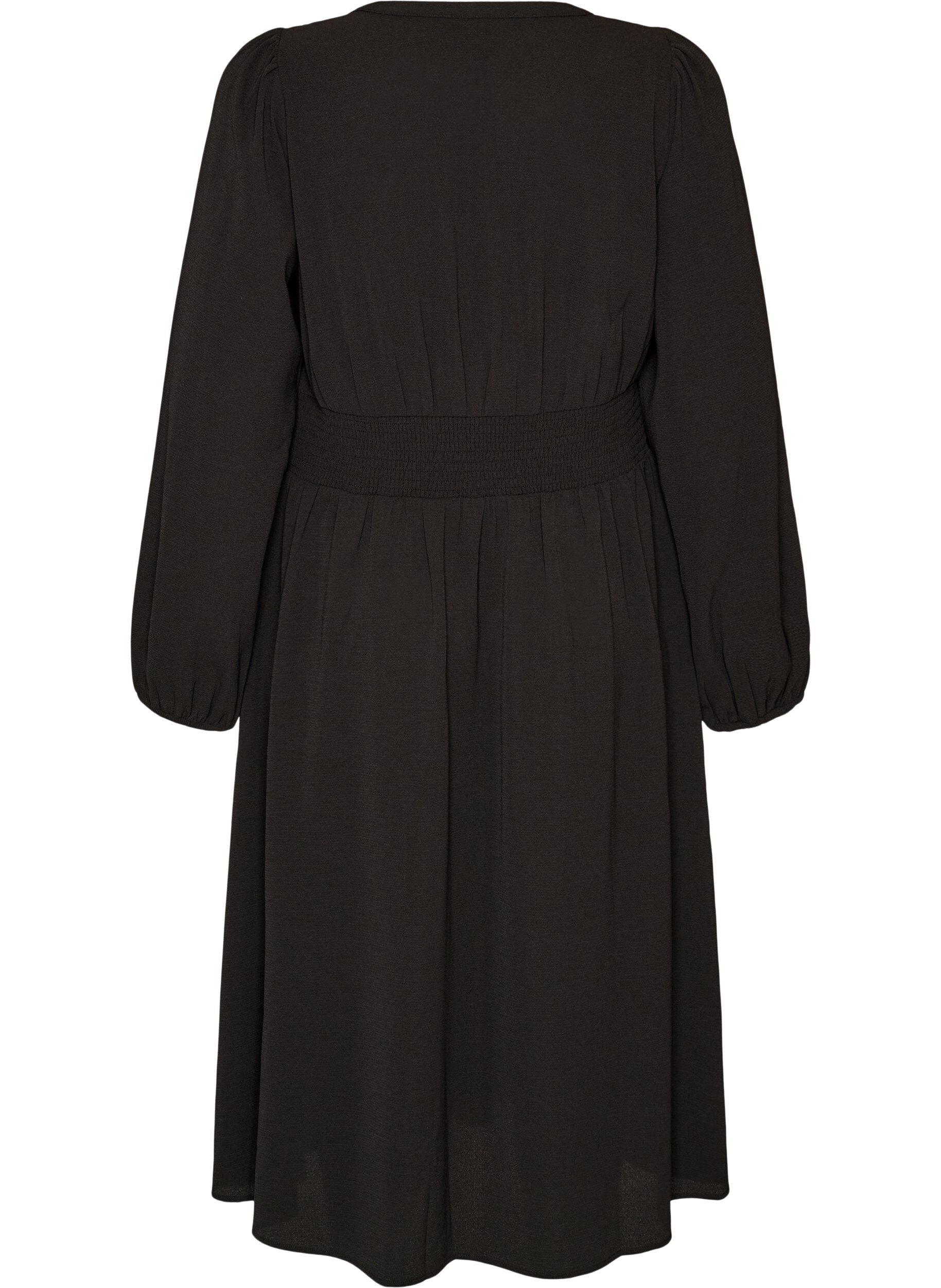 ZizziMidi-jurk met smock en decoratieve knopen, Zwart, Packshot image number 1