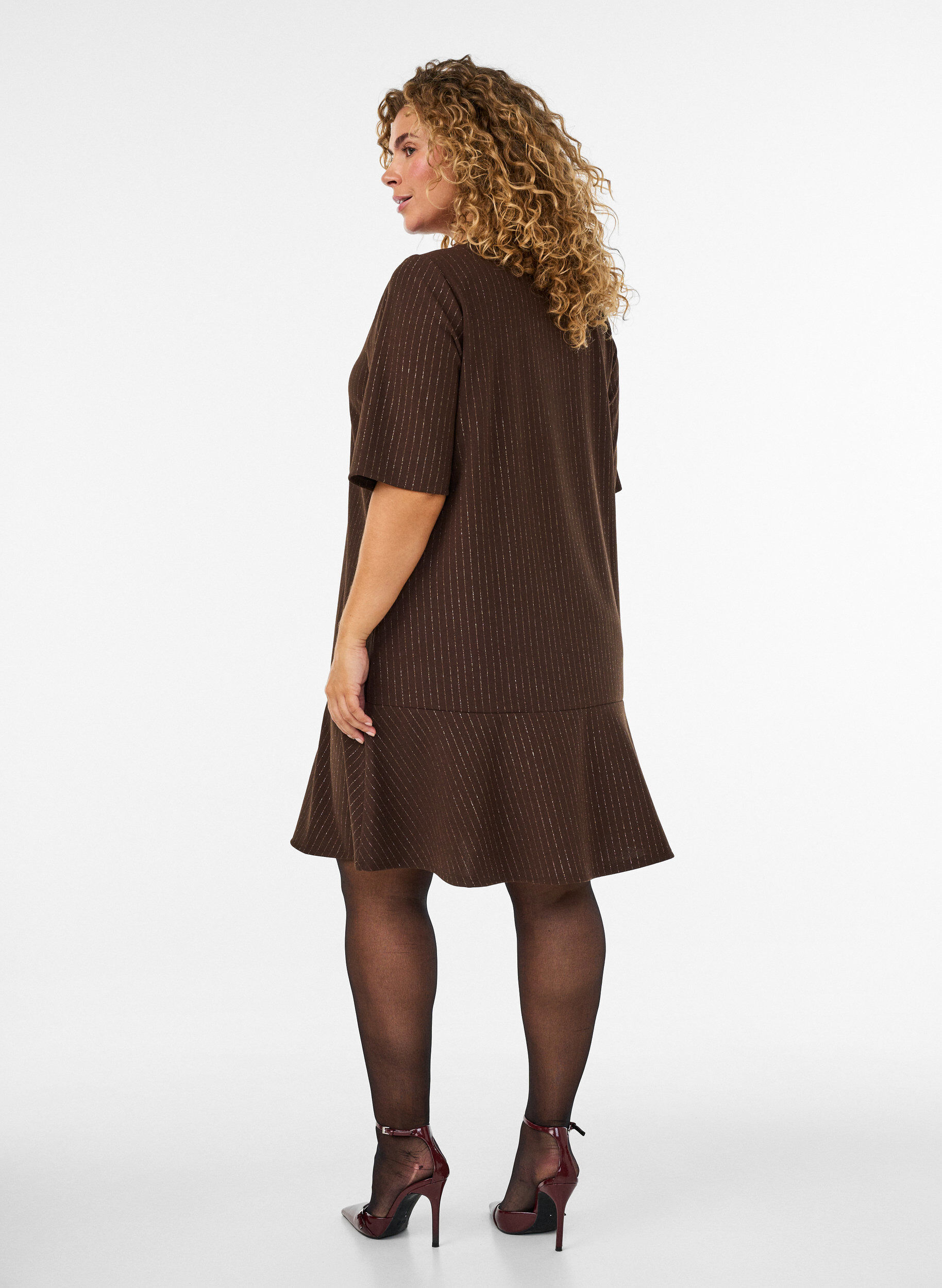ZizziKorte A-lijnjurk met glitterstrepen, Bruin, Model image number 2