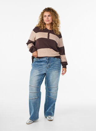 ZizziStrik blouse met kraag, Seal Brown Comb, Model image number 1