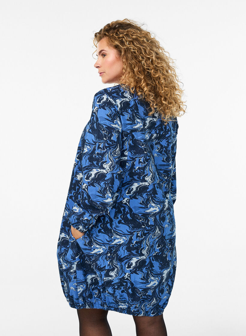 Korte katoenen jurk met een elastische zoom en lange mouwen, Blauw, Model image number 2
