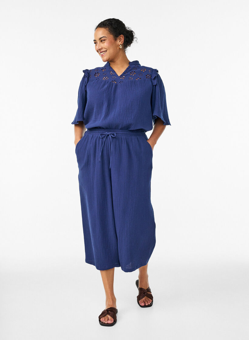 Culotte broek van katoen met hoge taille, Blauw, Model image number 0