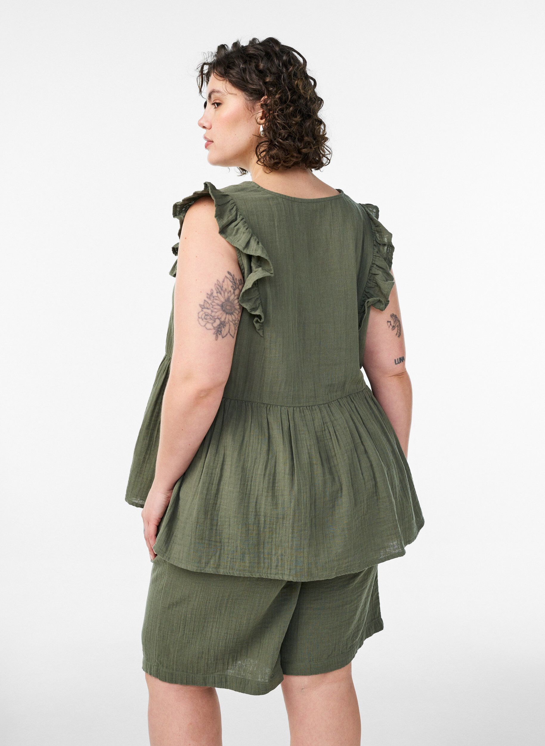ZizziLos katoenen mousseline shorts met een hoge taille, Groen, Model image number 2