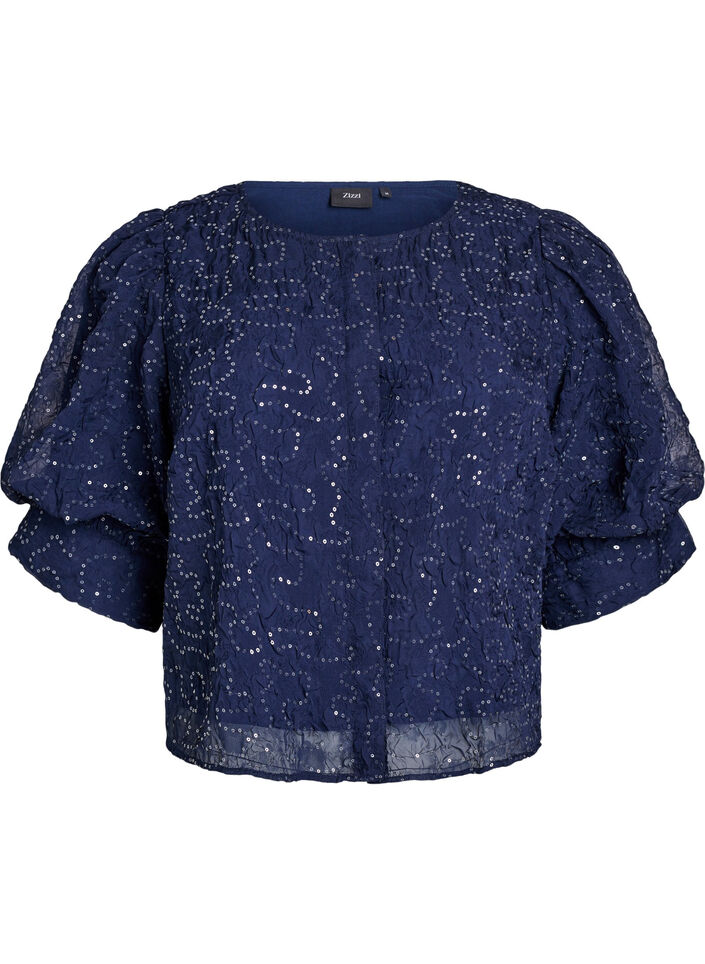 Feestelijke blouse met pailletten en halflange mouwen, Blauw, Packshot image number 0