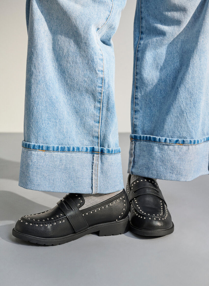 Wide fit - Leren loafers met studs, Black, Image