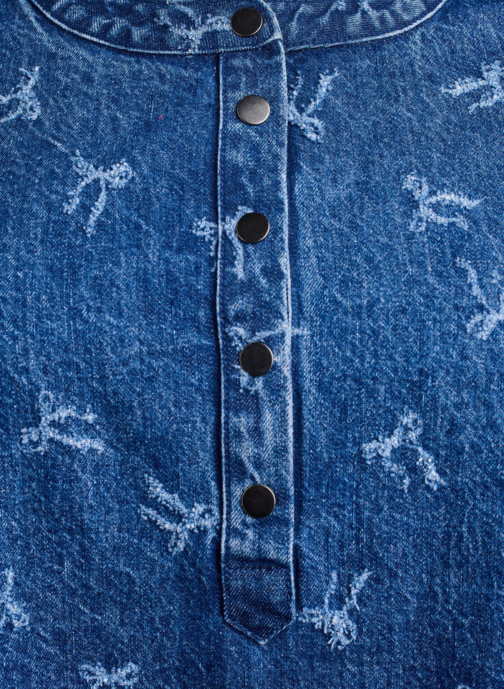 Korte denim jurk met een A-lijn snit en strikpatroon, Dark Blue Denim Bow, Packshot