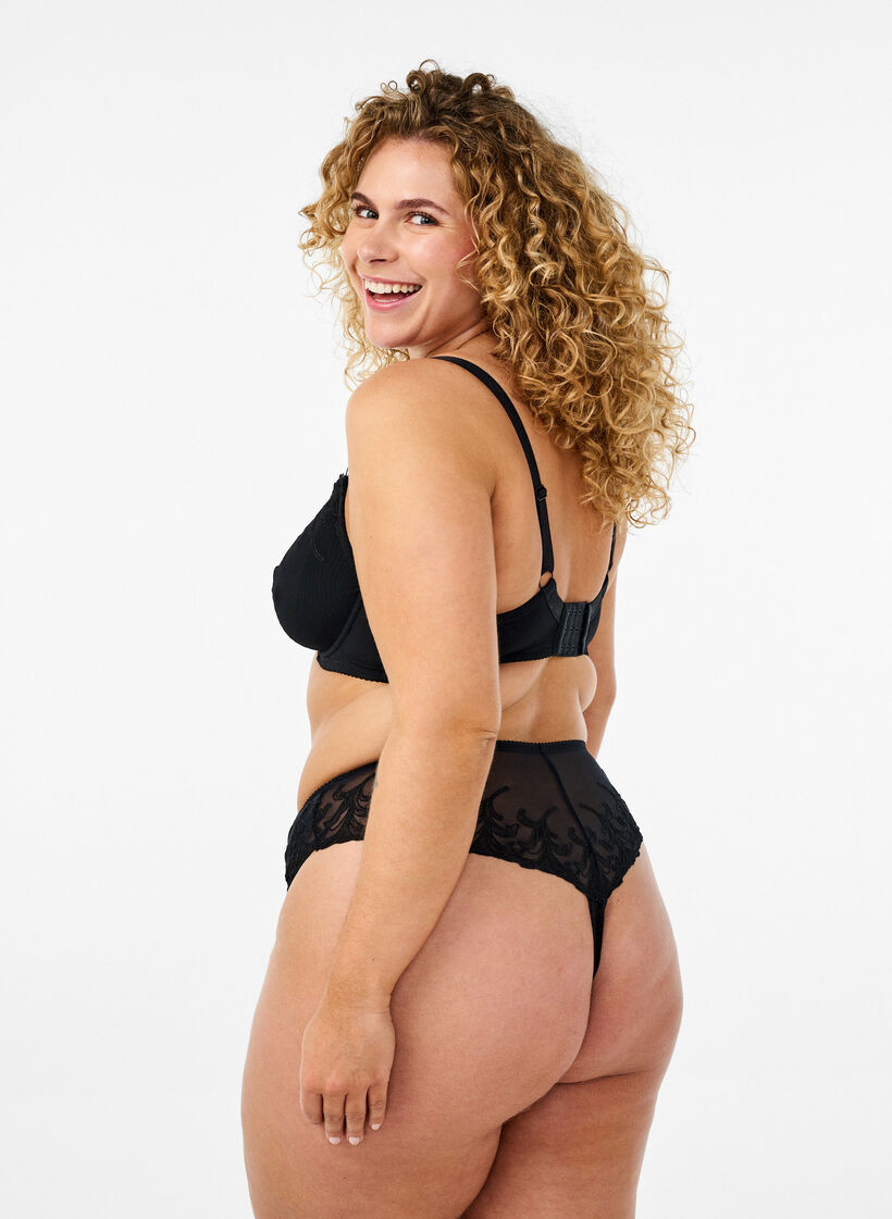Mesh string met borduurdetails, Black, Model
