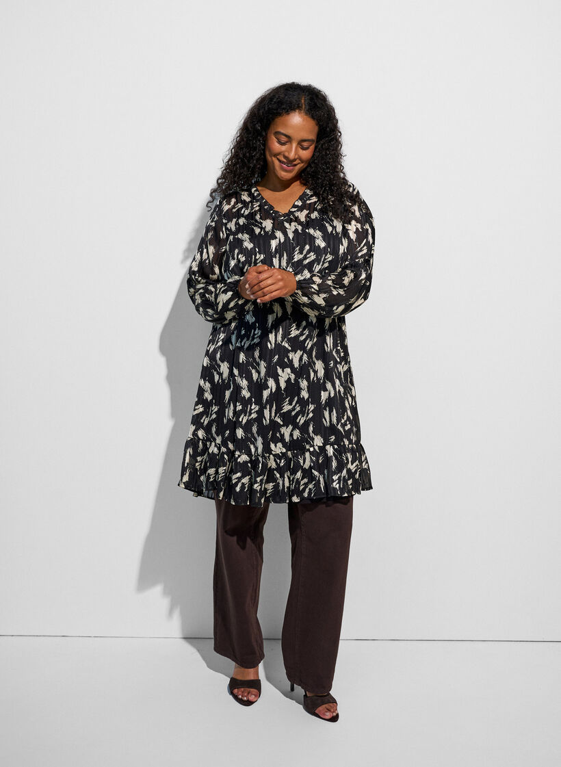 Jurk met patroon, ruches en lange mouwen, Zwart, Model image number 1