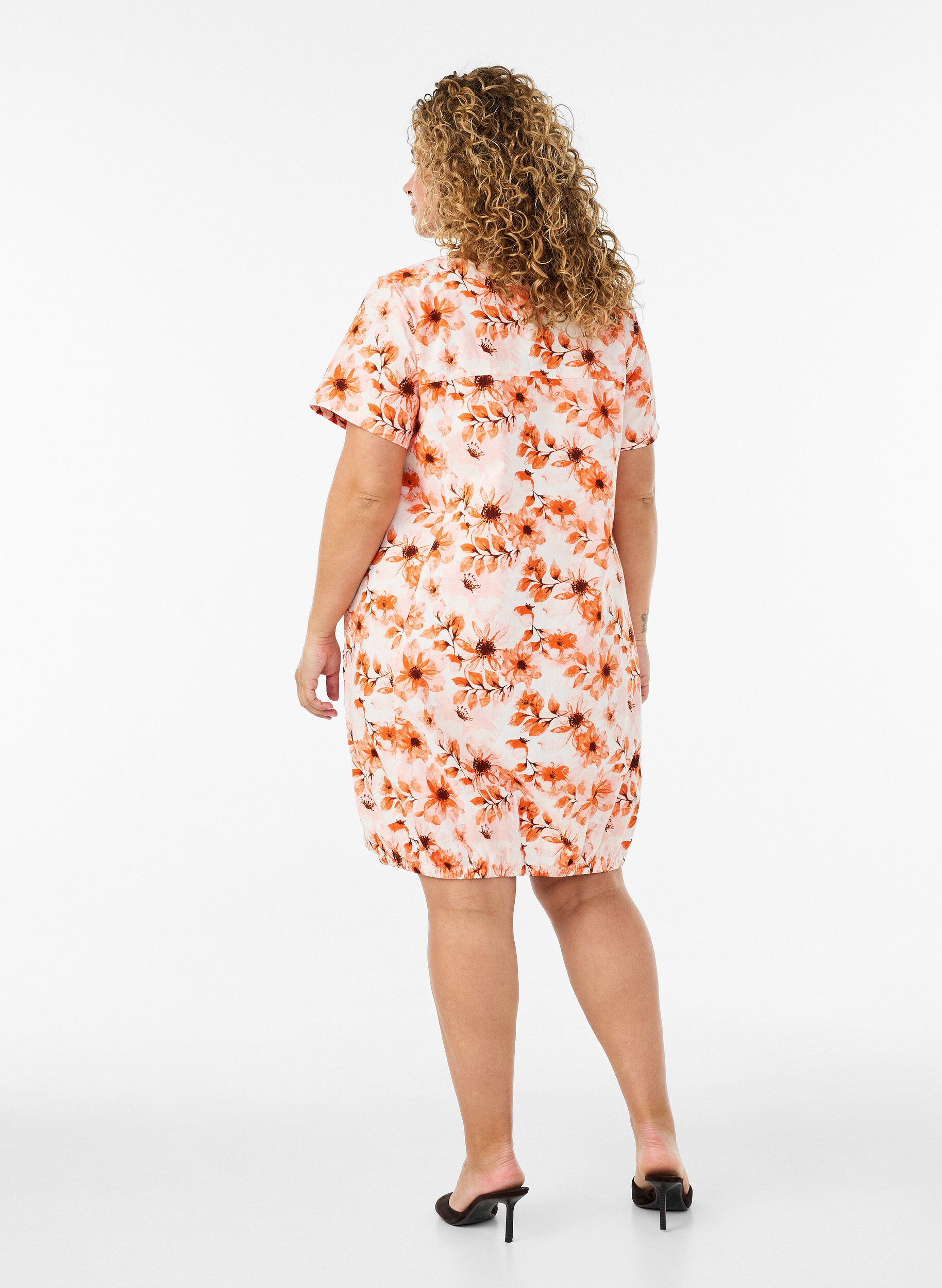 ZizziKatoenen jurk met korte mouwen en print, Oranje, Model image number 2