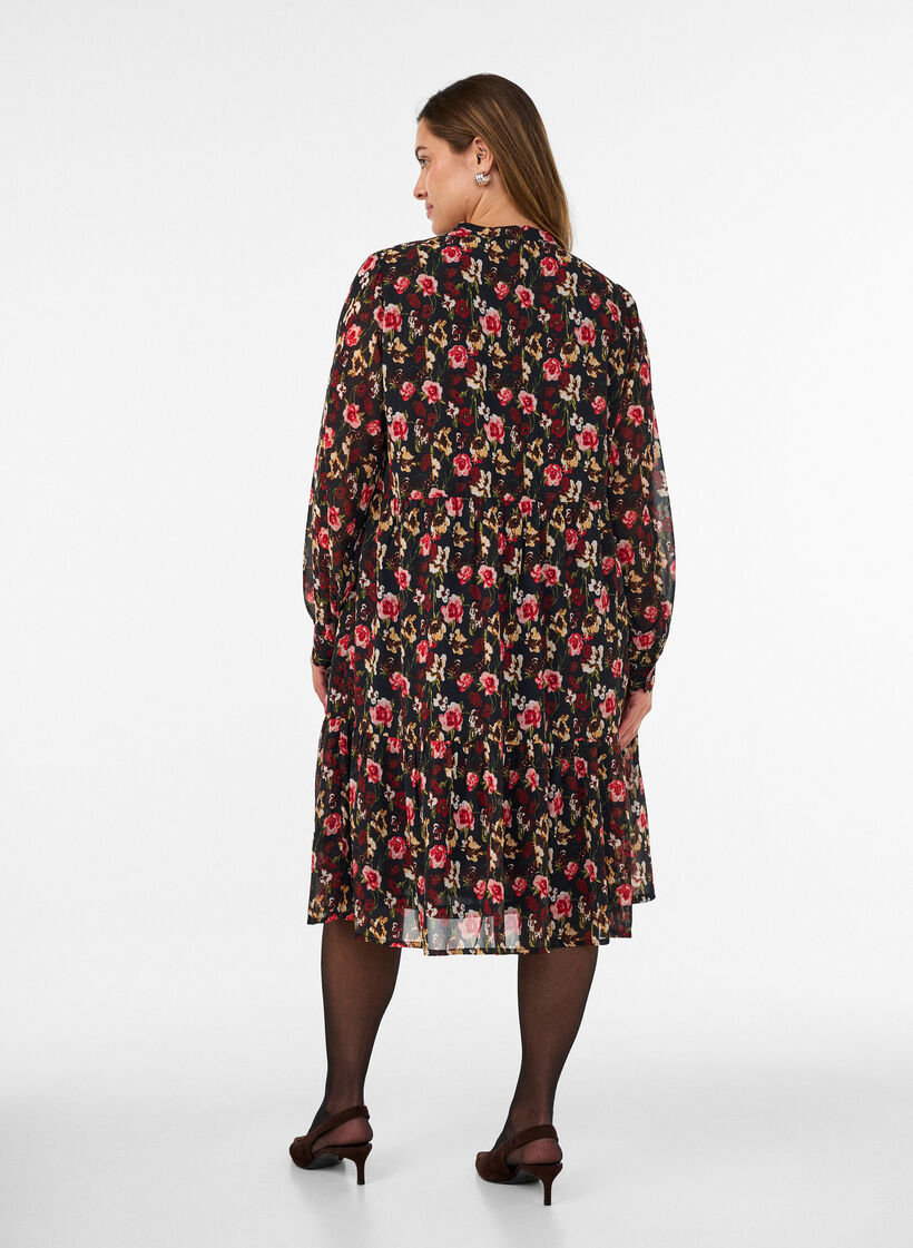 Jurk met all-overprint en een rucheslaag, Zwart, Model image number 1