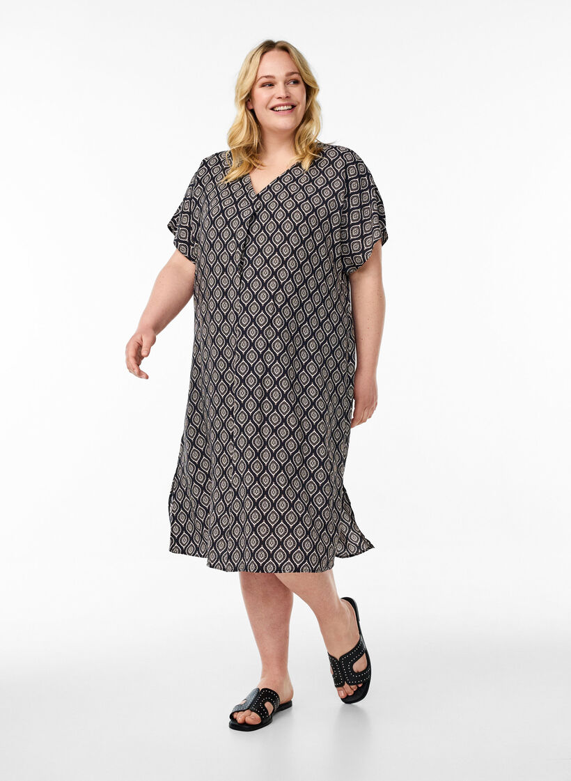 Jurk met V-hals van viscose, Blauw, Model image number 1