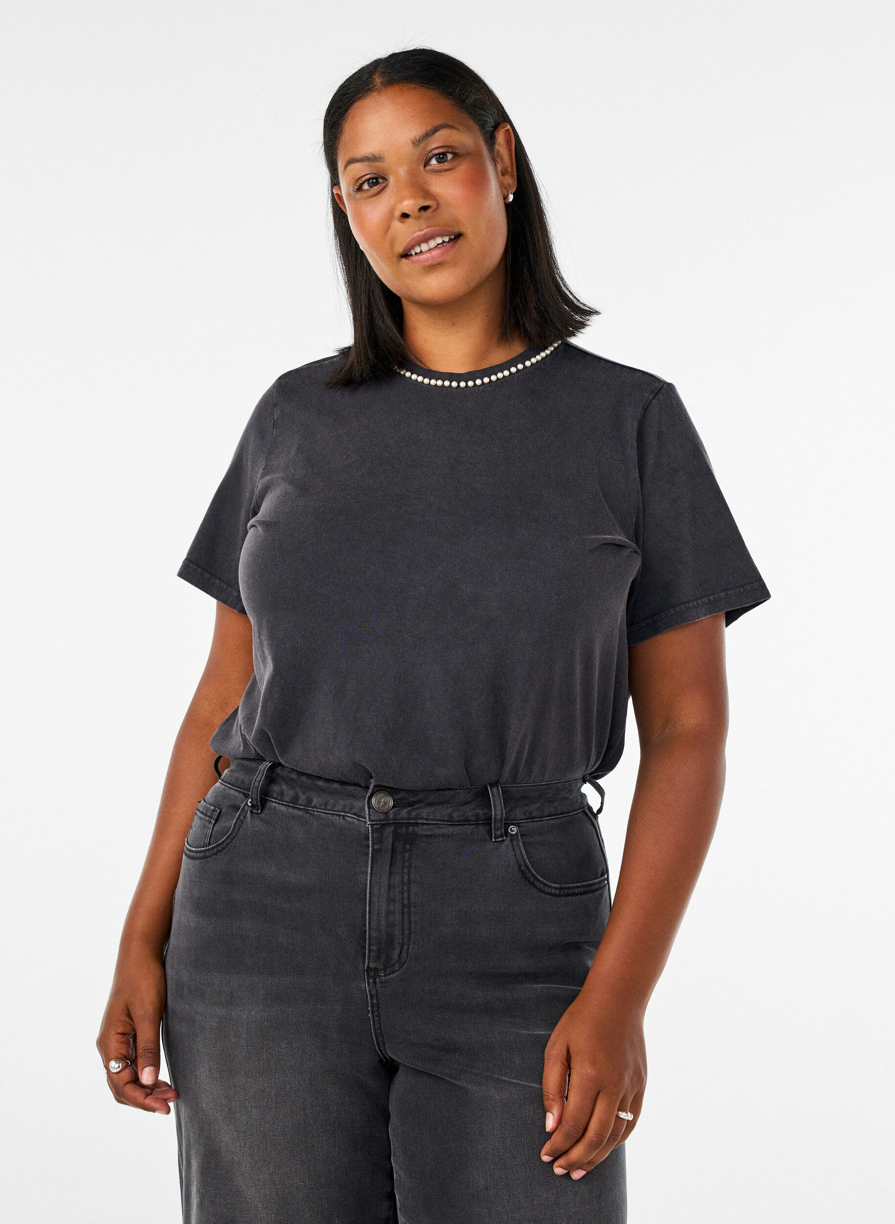 Grafisch T-shirt van biologisch katoen, Grijs, Model