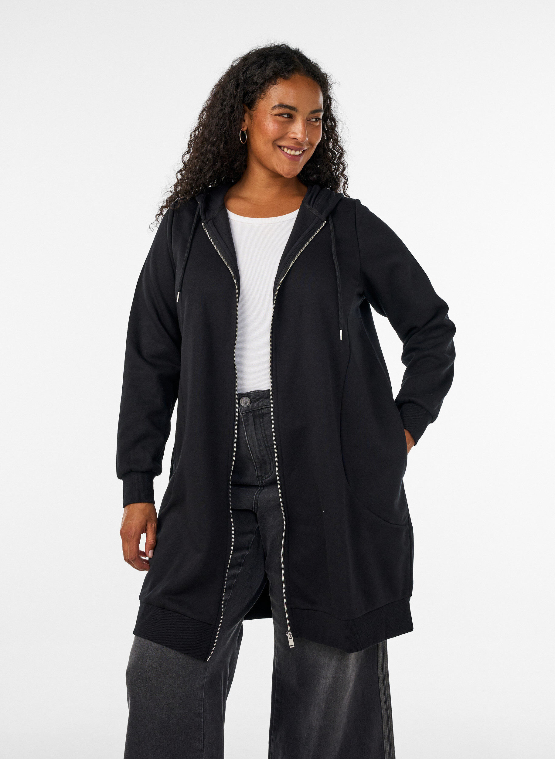 ZizziLange hoodie met ritssluiting en zakken, Zwart, Model image number 0