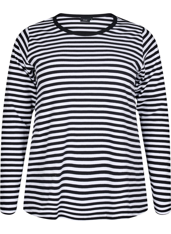 Gestreepte blouse met lange mouwen, Zwart, Packshot image number 0