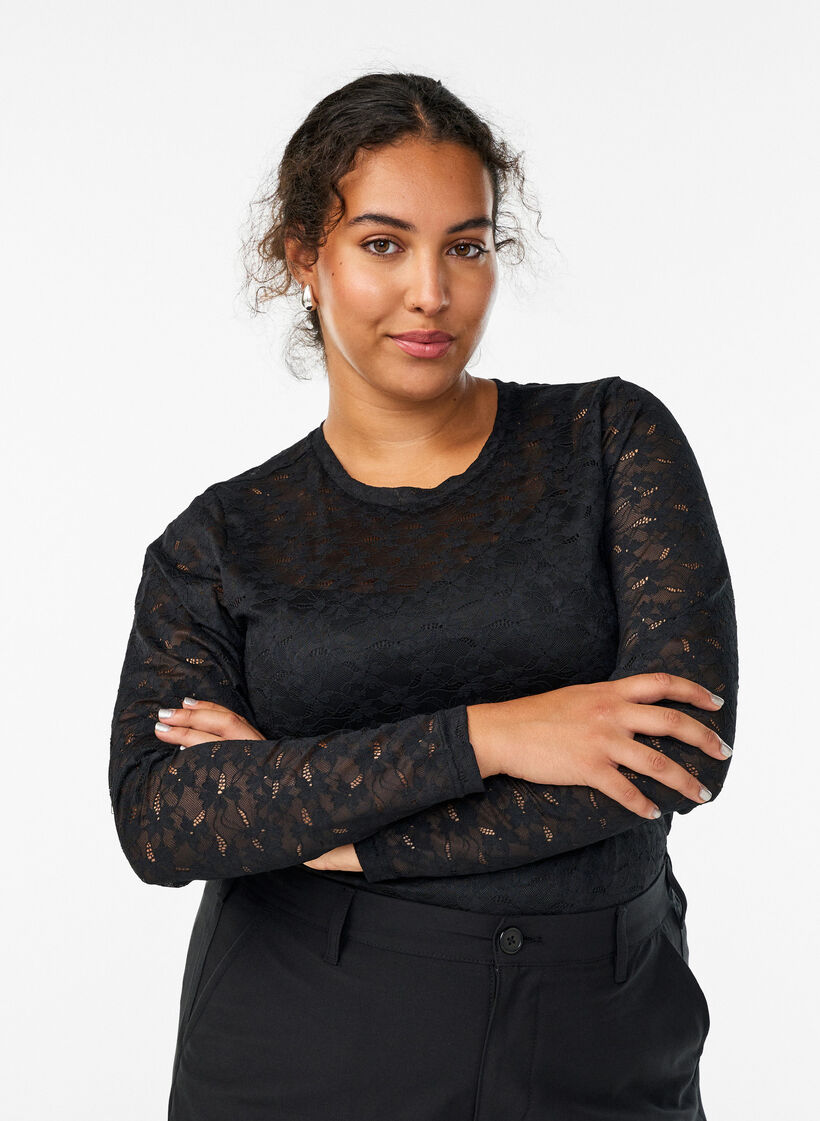 Kanten blouse met ronde hals en strakke pasvorm, Zwart, Model image number 0