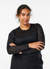 Kanten blouse met ronde hals en strakke pasvorm, Zwart Kanten blouse met ronde hals en strakke pasvorm, Zwart, Model